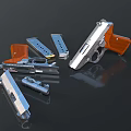 Metallic Pistol Weapon with Multiple Magazines and Metal Parts Displayed on Black Surface