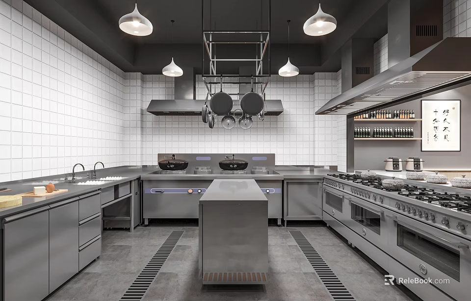 Modern Commercial Kitchen With Stainless Steel Equipment Central Island And Hanging Cookware 3d model 