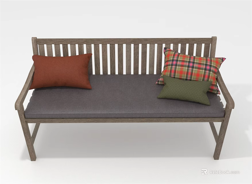 Wooden Frame Sectional Sofa With Gray Cushion And Red Plaid Green Pillows 3d model 
