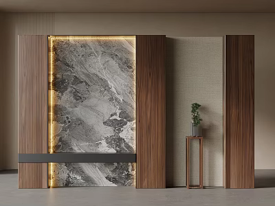 Minimalist Wooden Entryway Cabinet With Illuminated Marble Backdrop And Side Cabinet With Potted Plant 3d model