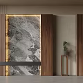 Minimalist Wooden Entryway Cabinet With Illuminated Marble Backdrop And Side Cabinet With Potted Plant