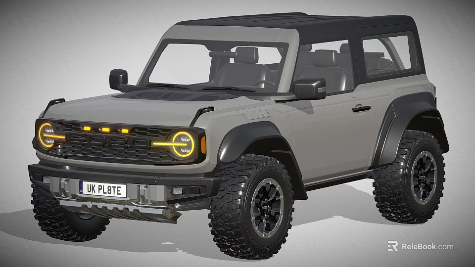 Rugged Off Road Vehicle with Black Roof Yellow Headlights Large Tires and UK License Plate 3d model 