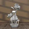 Floral Display with Pink Hexagonal Vase Yellow White Blue Flowers Green Leaves on Wooden Floor Shadow Effects