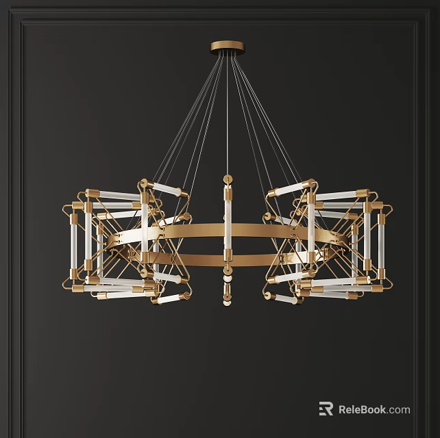 Sleek Modern Chandelier With Gold Geometric Frame And Crystal Accents Hanging Design 3d model 