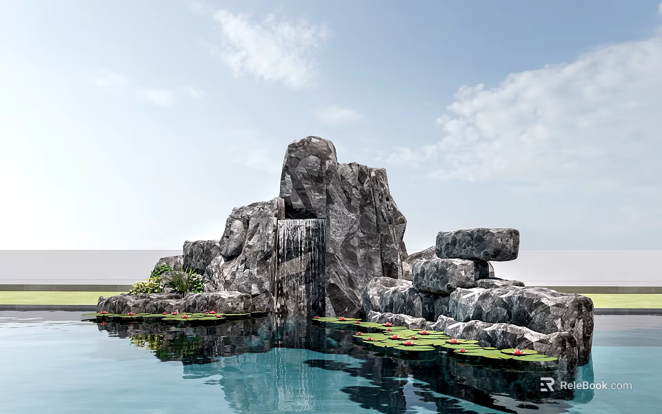 Natural Stone And Wood Waterfall Feature With Pool Water Lilies And Reflection 3d model 
