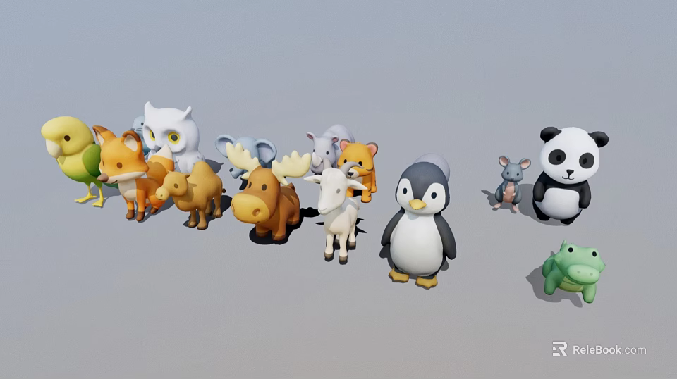Cute Cartoon Animal Toys Collection Featuring Fox Owl Elephant Tiger Penguin And Frog 3d model 