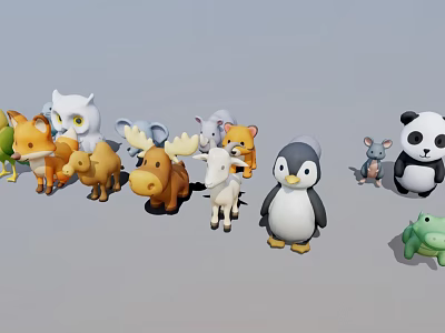 Cute Cartoon Animal Toys Collection Featuring Fox Owl Elephant Tiger Penguin And Frog 3d model