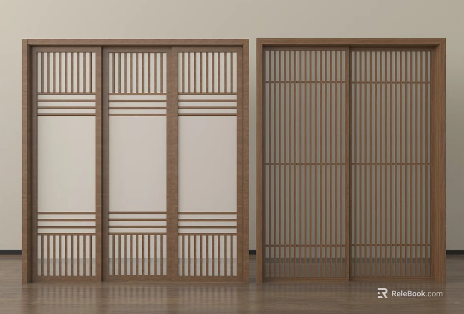 Wooden Sliding Doors With Grid Patterns And Solid Grid Panel Designs 3d model