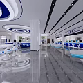Modern Spacious Service Hall Interior With White Pillars Blue Counters And Electronic Screens