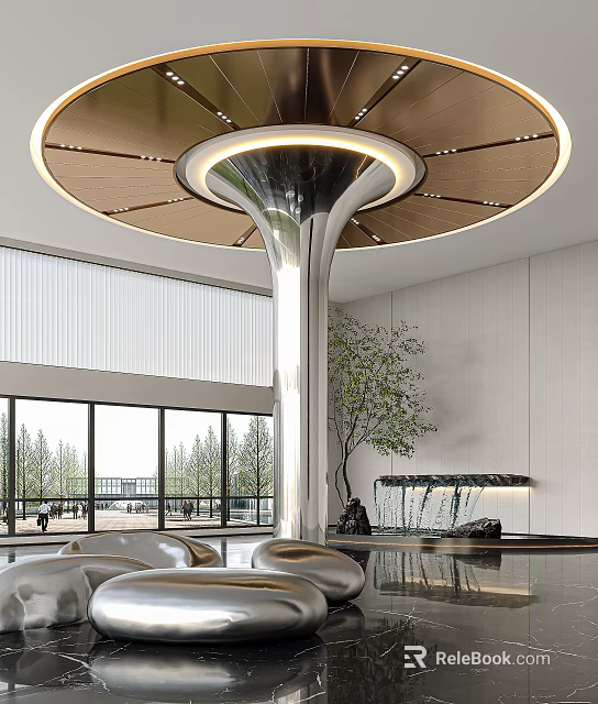 Modern Hotel Lobby Interior With Circular Chandelier Silver Pillar Waterfall And Floor to Ceiling Windows 3d model 