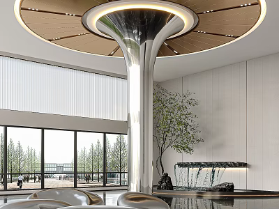 Modern Hotel Lobby Interior With Circular Chandelier Silver Pillar Waterfall And Floor to Ceiling Windows 3d model