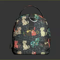 Stylish Dark Colored Backpack With Colorful Cat Patterns And Handle Strap