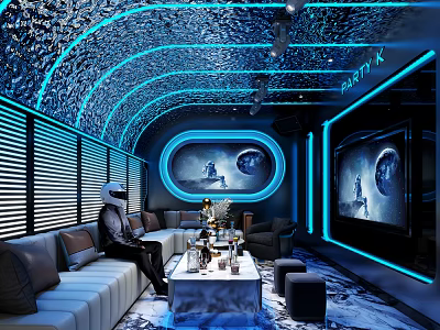 Futuristic KTV Interior With Blue Lighting Sofa And TV Screen 3d model