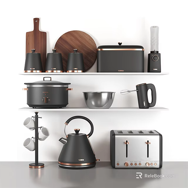 Modern Stylish Black Kitchen Appliances On Shelf With Toaster Blender Kettle And Rice Cooker 3d model 