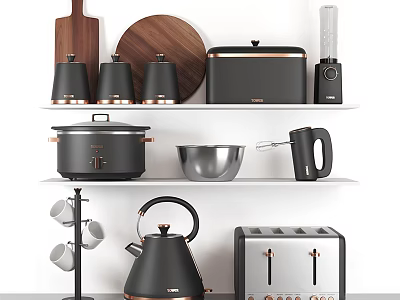 Modern Stylish Black Kitchen Appliances On Shelf With Toaster Blender Kettle And Rice Cooker 3d model