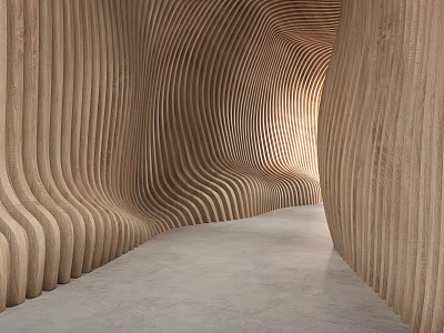 Elegant Wooden Pergola Interior With Curved Slats Soft Light And Concrete Floor 3d model