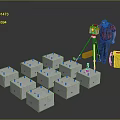 Precast Concrete Blocks On Construction Site With Surveying Equipment Tripod And Worker