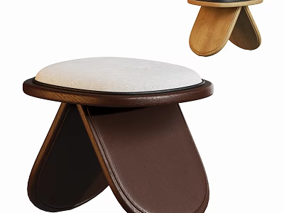Stylish Round Stool With White Padded Cushion And Dark Brown Curved Legs Design 3d model