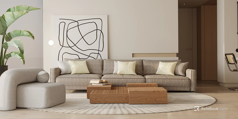 Modern Living Room Sofa Coffee Table Set With Decorative Pillows Rug And Abstract Painting 3d model 