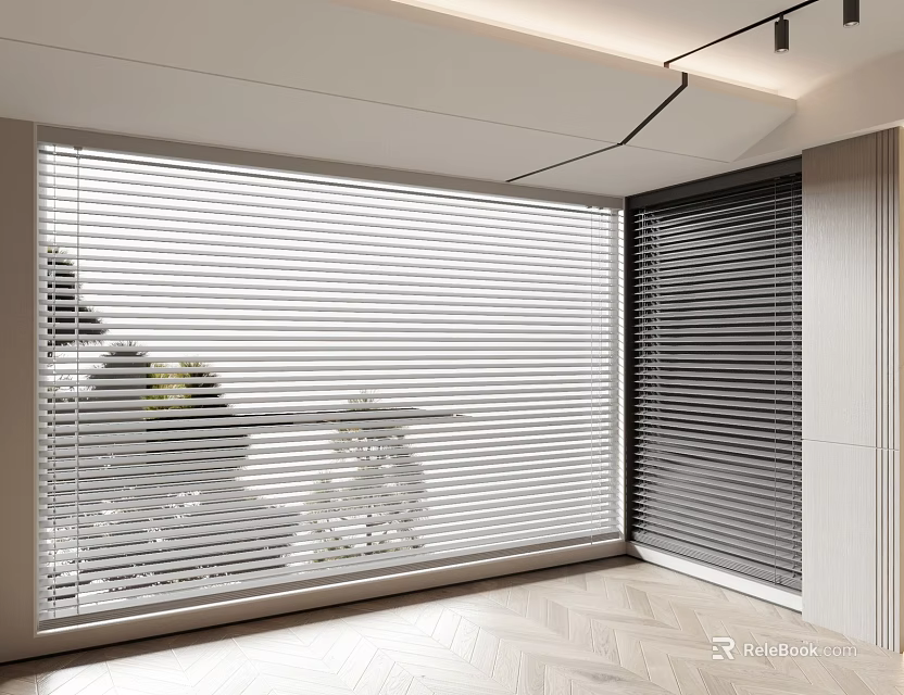 Modern Interior Window Blinds With White Grey Tones And Wooden Flooring 3d model 