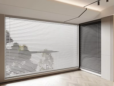 Modern Interior Window Blinds With White Grey Tones And Wooden Flooring 3d model