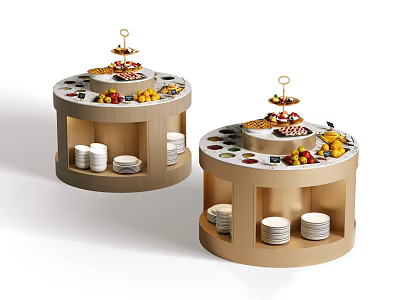Round Wooden Buffet Tables With Fruit Dessert Displays And Stacked White Plates 3d model