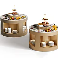 Round Wooden Buffet Tables With Fruit Dessert Displays And Stacked White Plates