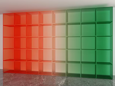 Modern Red And Green Cube Shaped Display Shelves With Multiple Tiered Grid Design 3d model