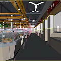 Supermarket Interior with Customers Shopping Glass Counters Displaying Fresh Deli Seafood Yellow Beams Red Signs