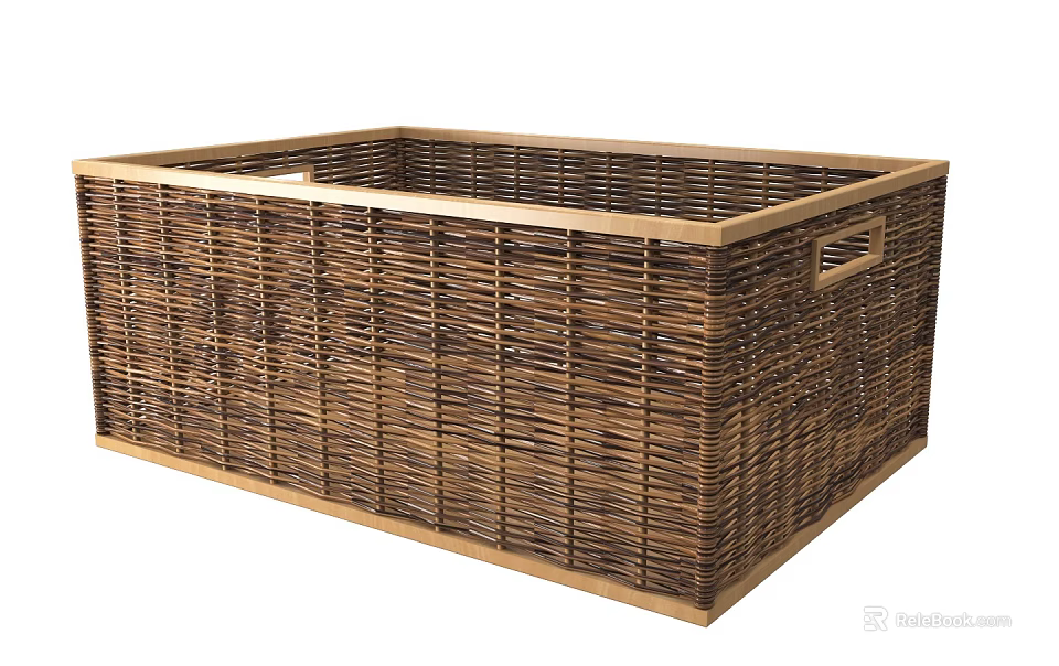 Practical Wicker Storage Basket With Wooden Frame And Handles For Household Essentials 3d model 
