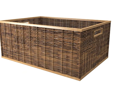 Practical Wicker Storage Basket With Wooden Frame And Handles For Household Essentials 3d model