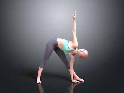 Woman Practicing Yoga in Green Tank Top Gray Leggings with Extended Arm and Bending Body 3d model