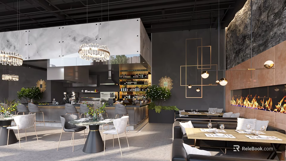 Modern Restaurant Interior With Open Kitchen Wine Rack Hanging Lights Dining Tables And Fireplace 3d model 