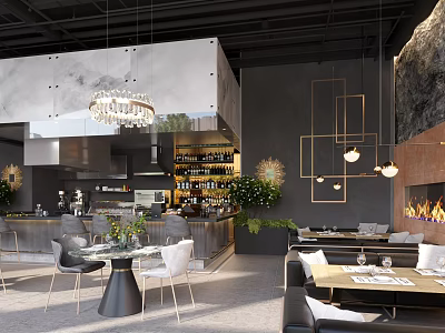 Modern Restaurant Interior With Open Kitchen Wine Rack Hanging Lights Dining Tables And Fireplace 3d model