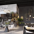 Modern Restaurant Interior With Open Kitchen Wine Rack Hanging Lights Dining Tables And Fireplace