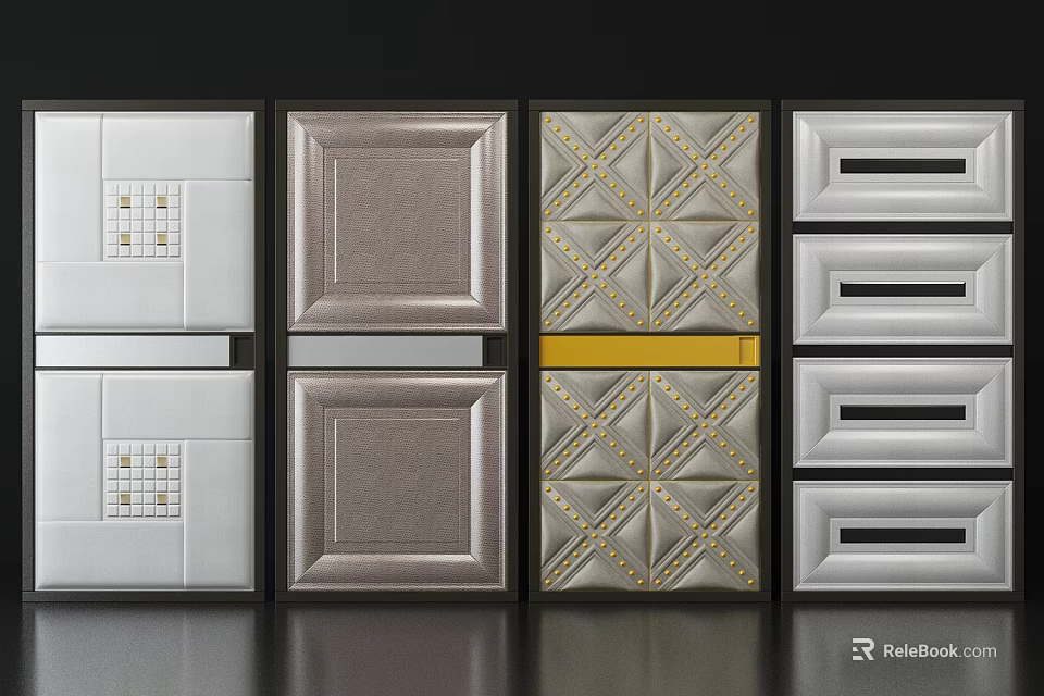 Various Designed Soft Upholstered Panels Featuring Textured Patterns And Gold Decorative Lines 3d model 
