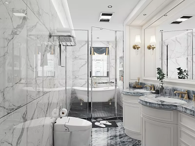 Luxurious Modern Bathroom Interior With Marble Walls Double Vanity Bathtub And Wall Sconces 3d model
