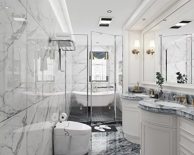 Luxurious Modern Bathroom Interior With Marble Walls Double Vanity Bathtub And Wall Sconces 3d model