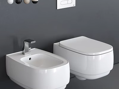 Modern Bathroom With White Wall Mounted Toilet And Ceramic Sink Fixture 3d model