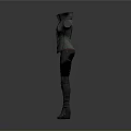 Woman Wearing Sleeveless Leather Bodysuit With Straps And Dark Colored Long Boots