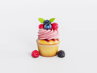 Fresh Cupcake with Pink Frosting Topped with Blueberries Raspberries and Mint Leaves 3d model