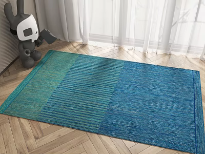 Blue and Teal Striped Square Carpet on Wooden Floor in Modern Interior 3d model