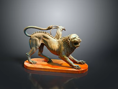 Mythical Bronze Lion Sculpture With Curled Tail And Decorative Details On Orange Base 3d model