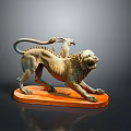 Mythical Bronze Lion Sculpture With Curled Tail And Decorative Details On Orange Base