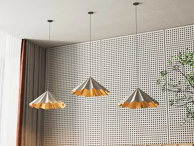 Modern Three Pendant Lights With Golden White Shade Over Perforated Wall And Green Plant Curtain 3d model