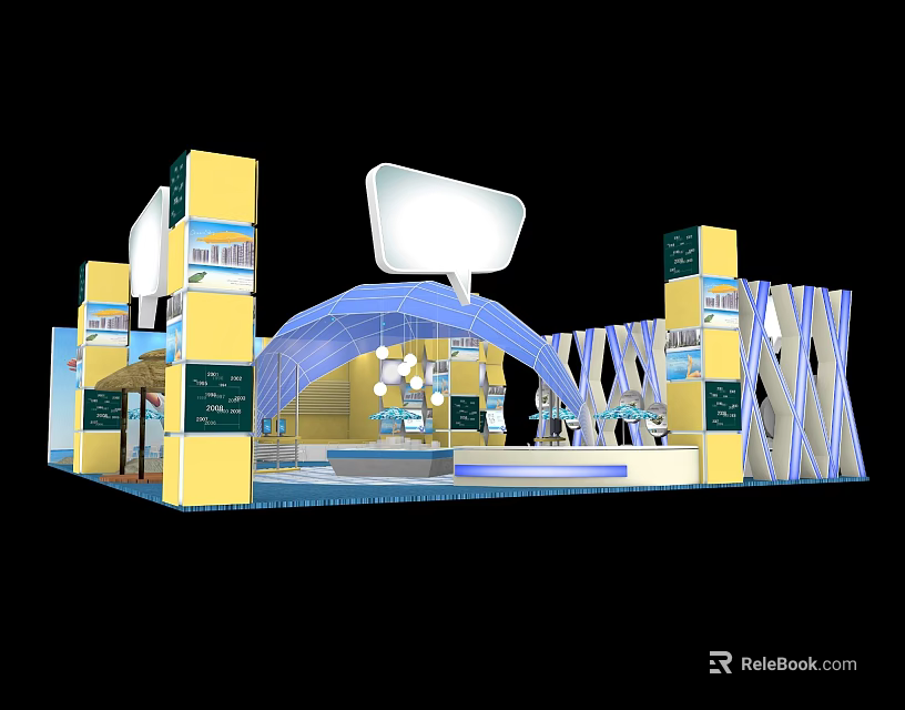 Exhibition Booth Design With Yellow Blue Pillars Arc Structure And White Billboard 3d model 