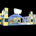 Exhibition Booth Design With Yellow Blue Pillars Arc Structure And White Billboard