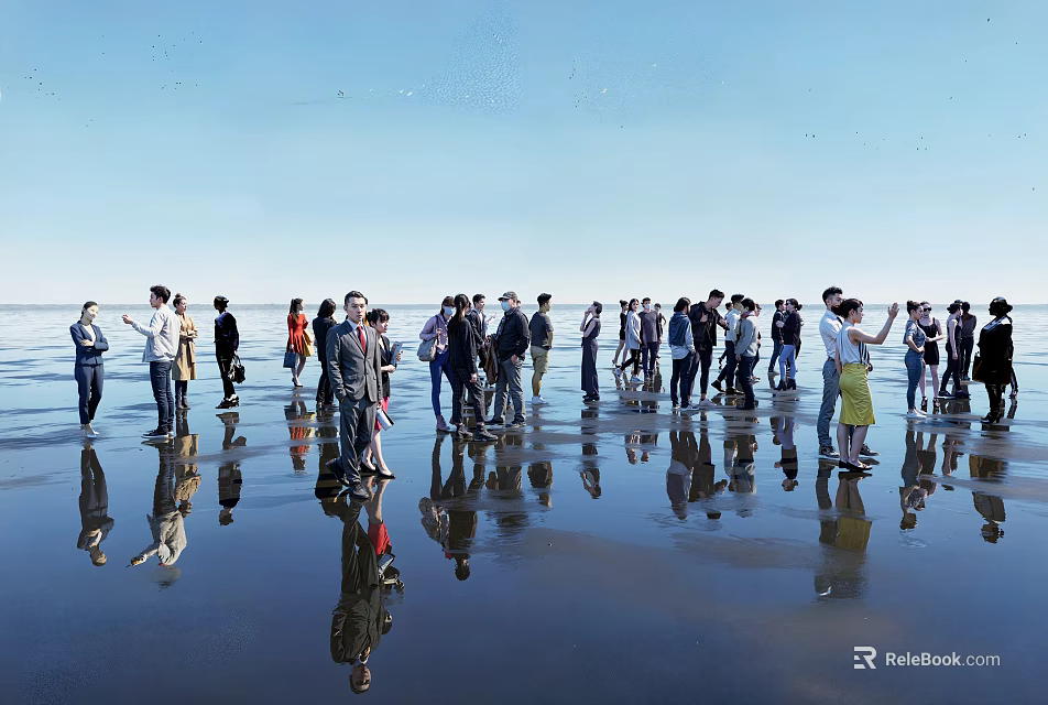 Group of People Standing on Beach with Water Reflections Under Clear Blue Sky 3d model 