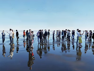 Group of People Standing on Beach with Water Reflections Under Clear Blue Sky 3d model