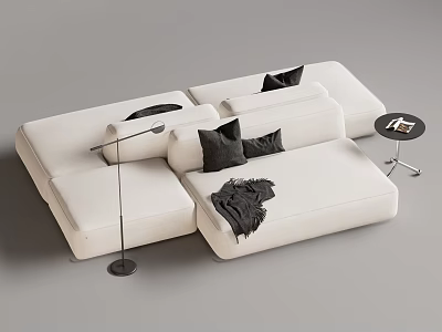 Modern White Sectional Sofa With Black Throw Pillows Blanket And Floor Lamp 3d model